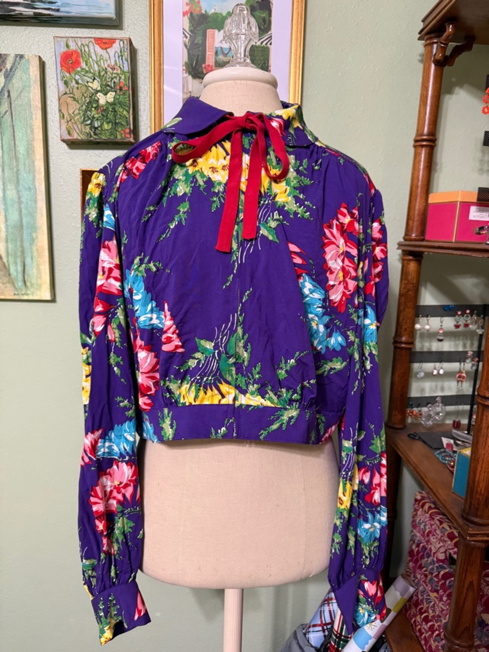 Trashy Diva Purple Floral Tie-Neck Blouse with Red Ribbon